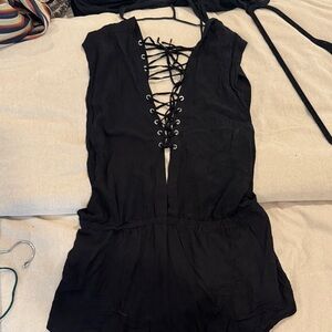 Indah Black Lace-Up romper.